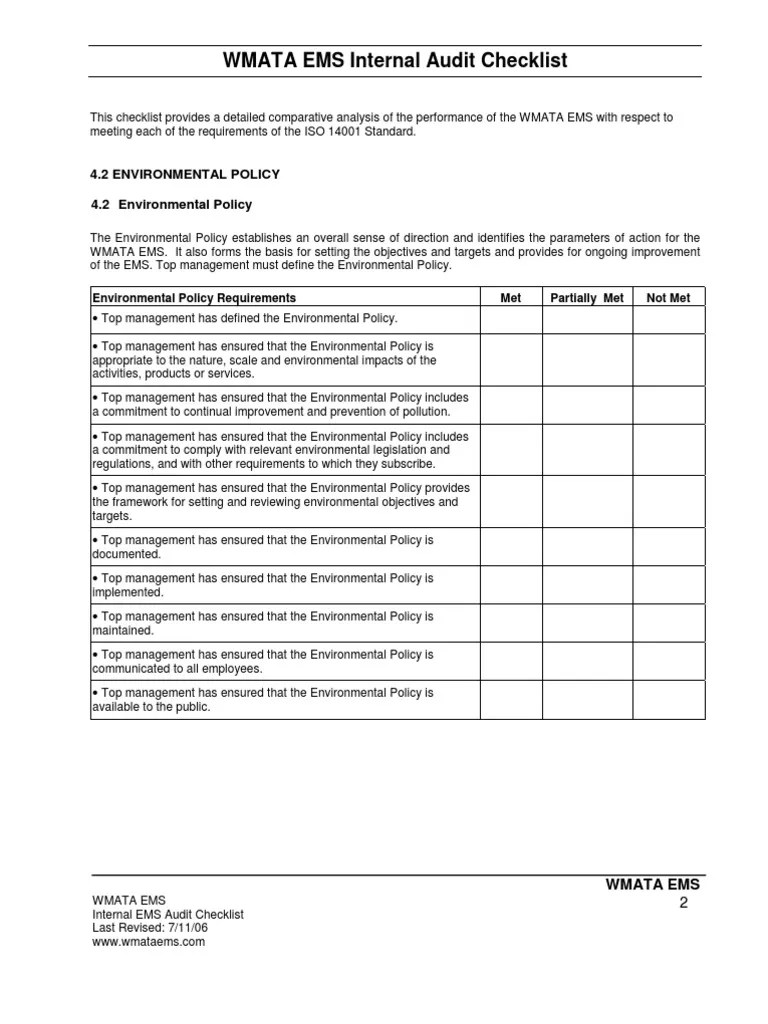 Sample Checklist 14001 Environmental Policy Audit