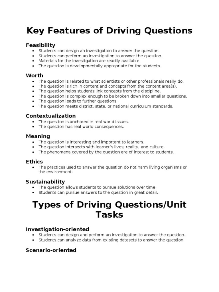 Features of A Driving Question PDF Question Understanding