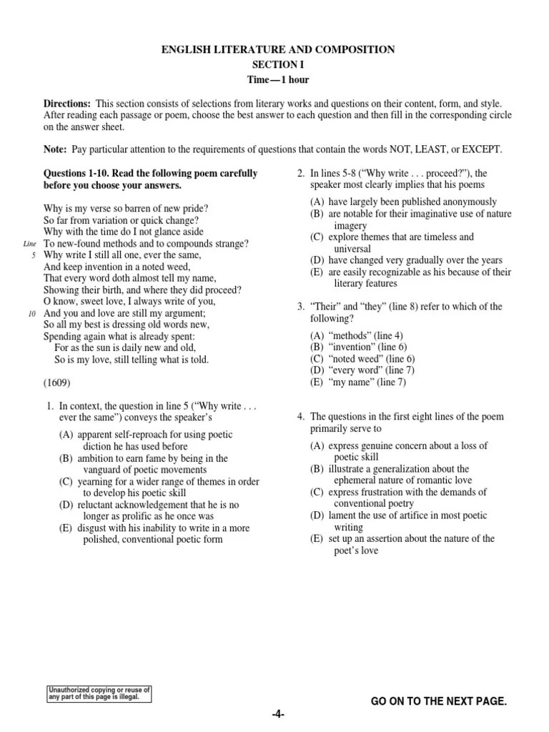 English Literature and Composition: Section I Time - 1 Hour Directions