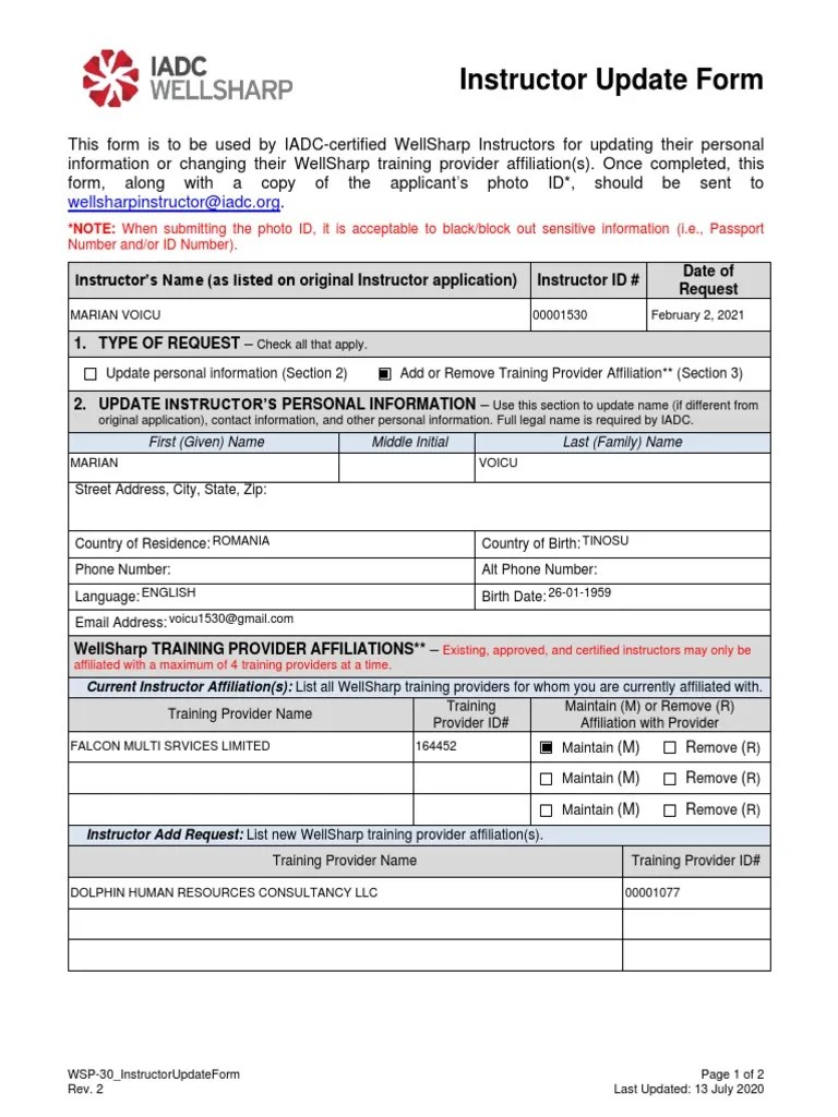 Instructor Update Form Instructor's Name (As Listed On Original