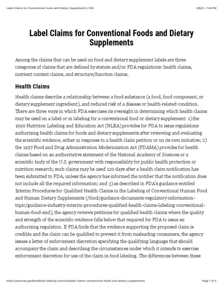 FDA Label Claims For Conventional Foods and Dietary Supplements PDF