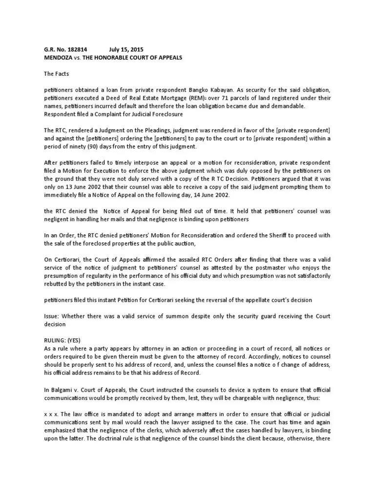 Rule 13 Case 19 Mendoza Vs CA PDF Foreclosure Judgment (Law)