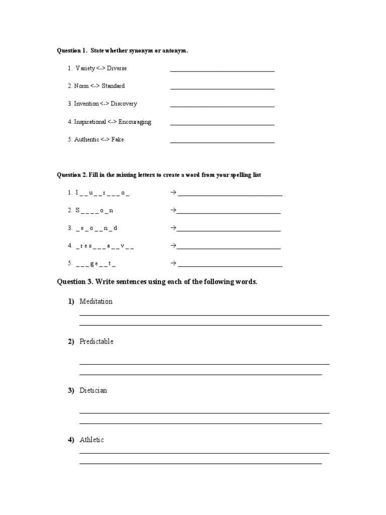Question 1. State Whether Synonym or Antonym Download Free PDF