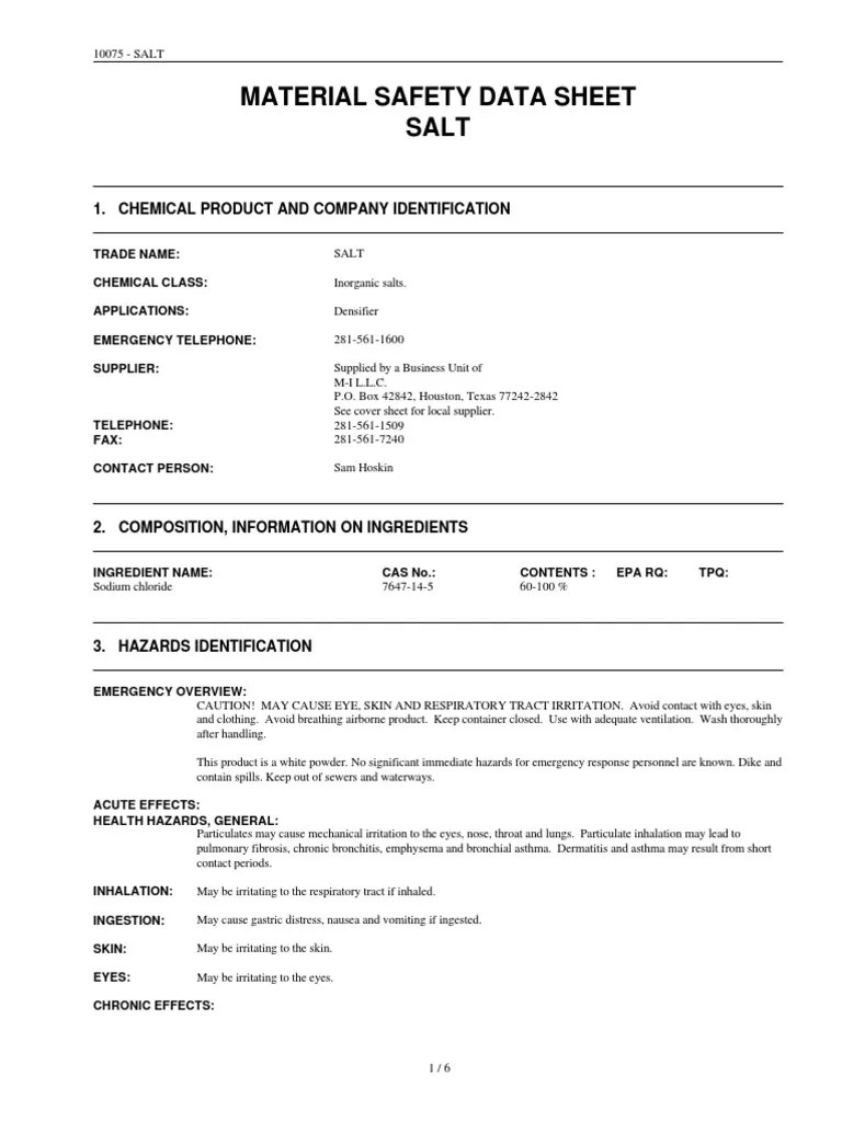 Material Safety Data Sheet Salt 1. Chemical Product and Company