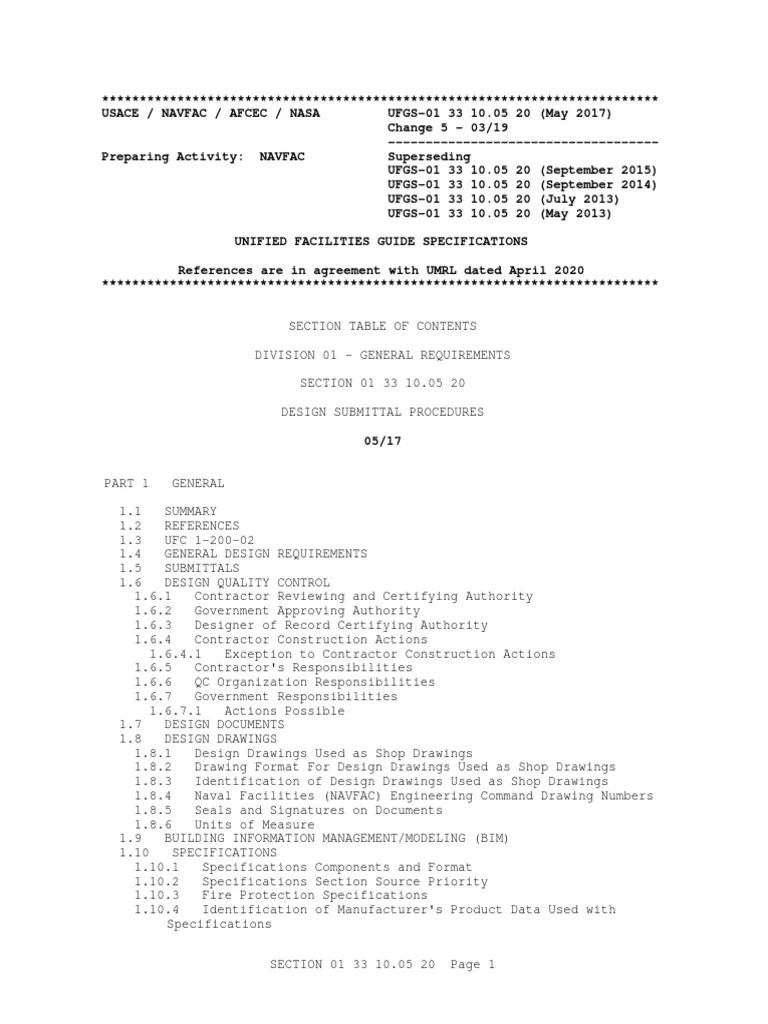Ufgs 01 33 10.05 20 Design Submittal Procedures | PDF | Specification