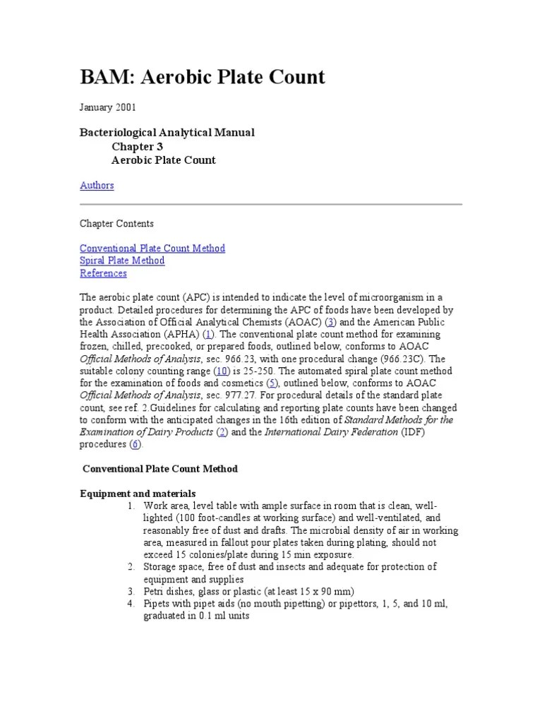 Bacteriological Analytical Manual Aerobic Plate Count PDF Chemistry