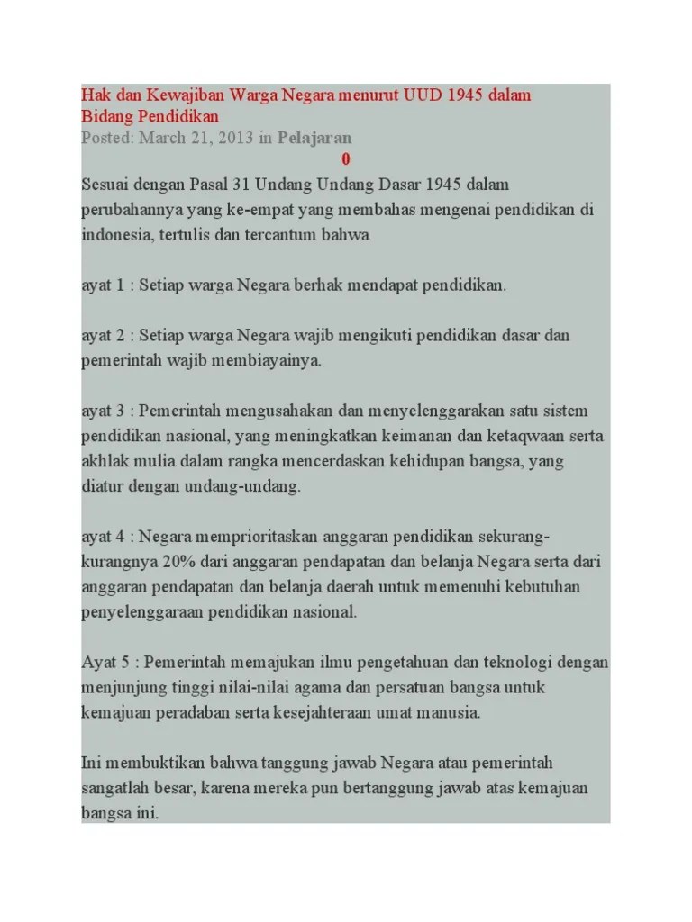 Hak Dan Kewajiban Warga Negara Menurut UUD 1945 Dalam Bidang | PDF