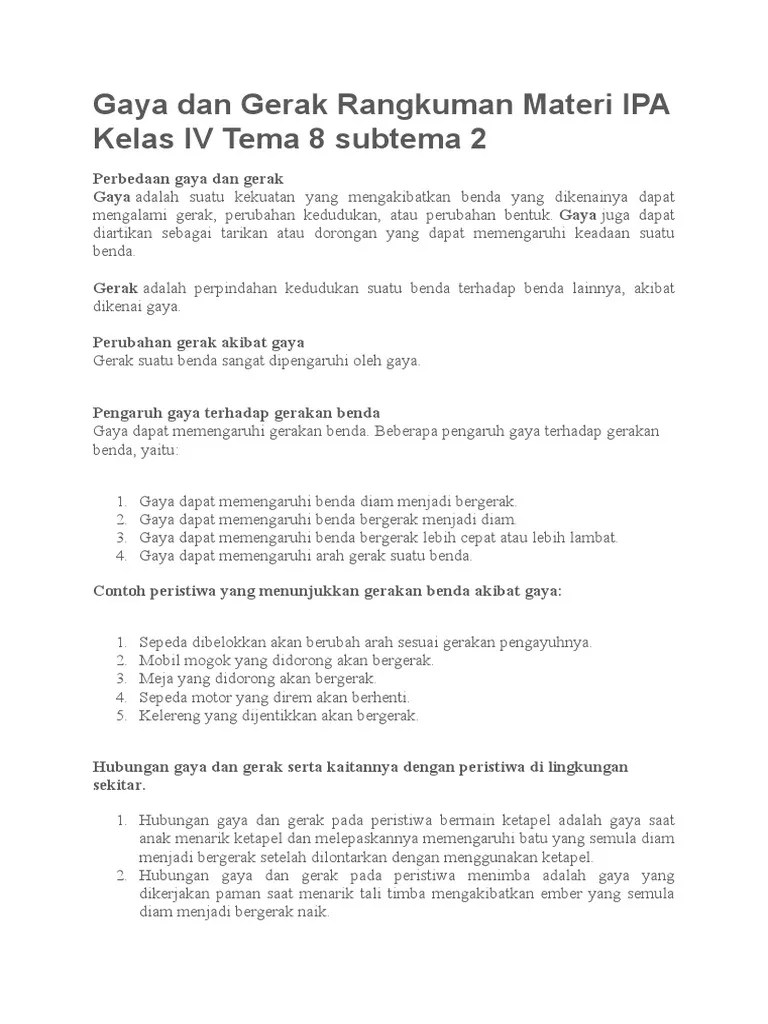 Gaya Dan Gerak Rangkuman Materi IPA Kelas IV Tema 8 Subtema 2 | PDF