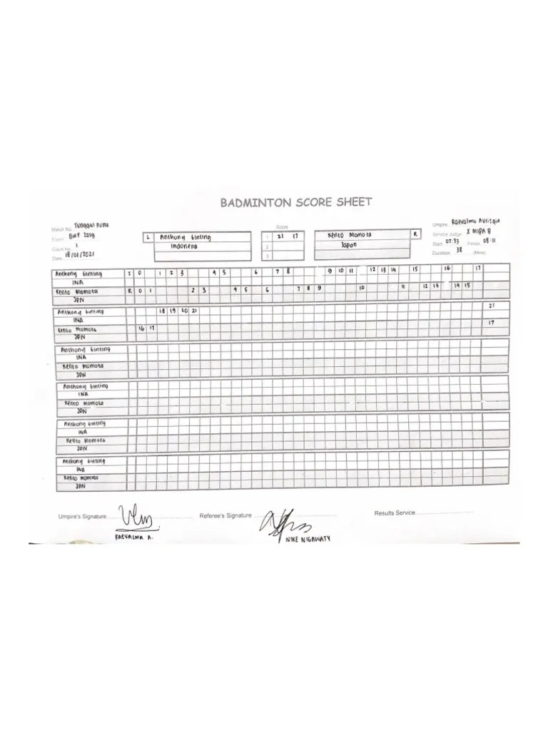 Badminton Score Sheet