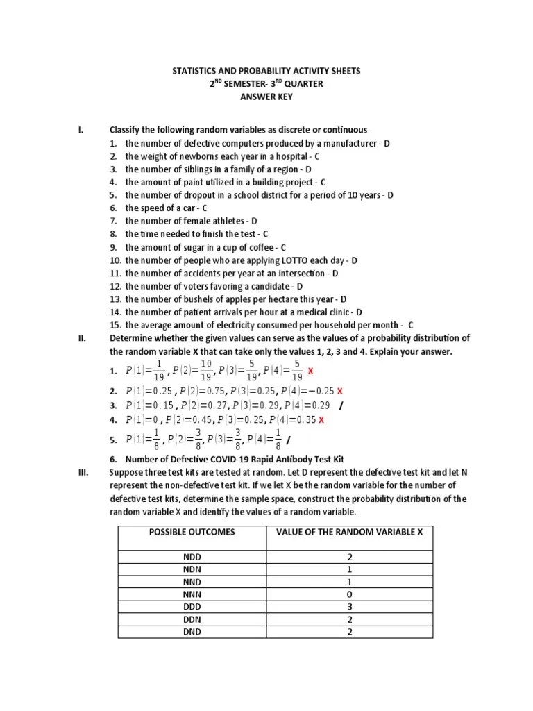 Statistics and Probability Activity Sheet Answer Key | PDF | Random