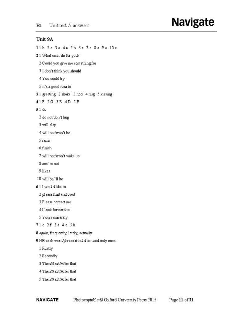 B1 Unit Test A Answers Unit 9A Navigate Photocopiable © Oxford University Press 2015 Page 11 of