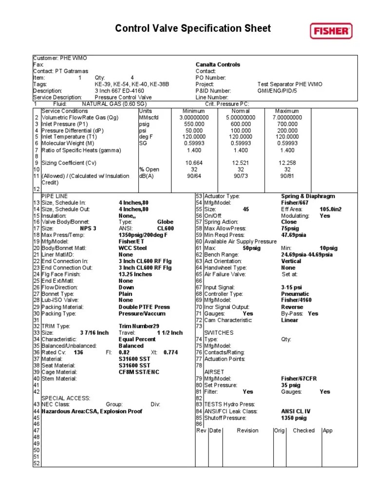 Control Valve Specification Sheet PCV 3inch 600 R 1 PDF Valve