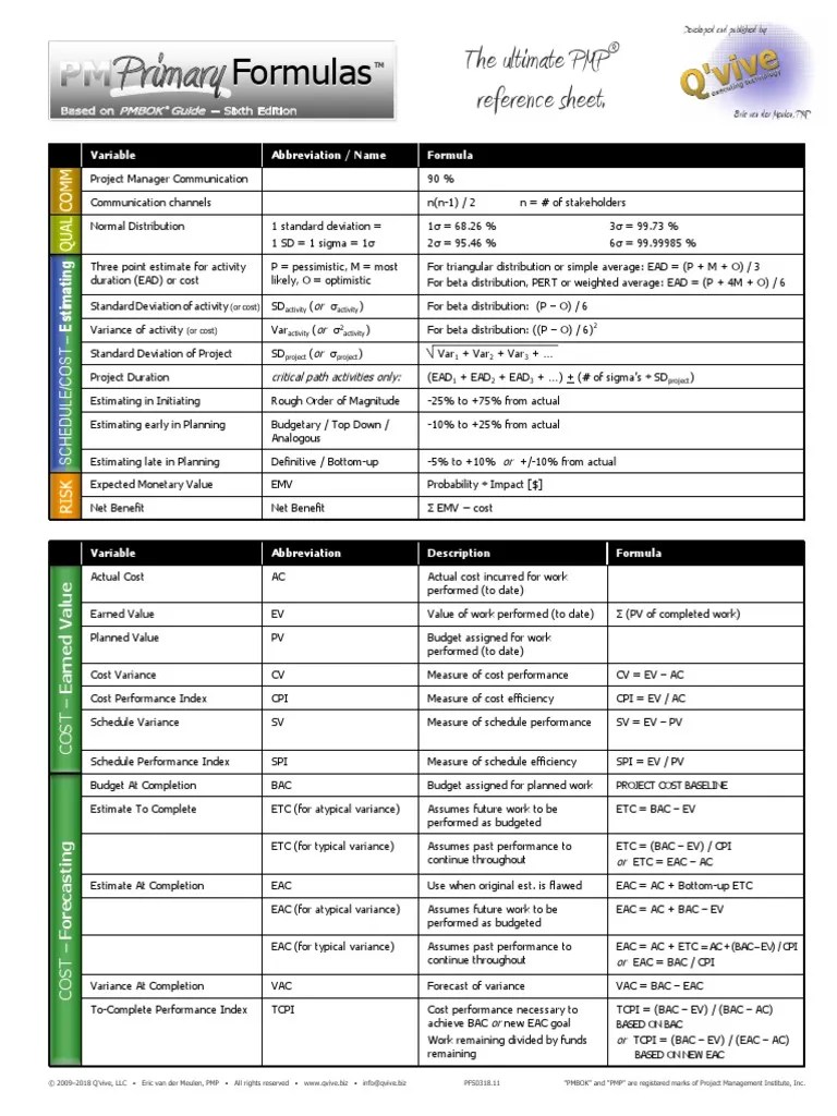Qvive PMP Formulas PMBOK6 v1b PDF Standard Deviation Statistics