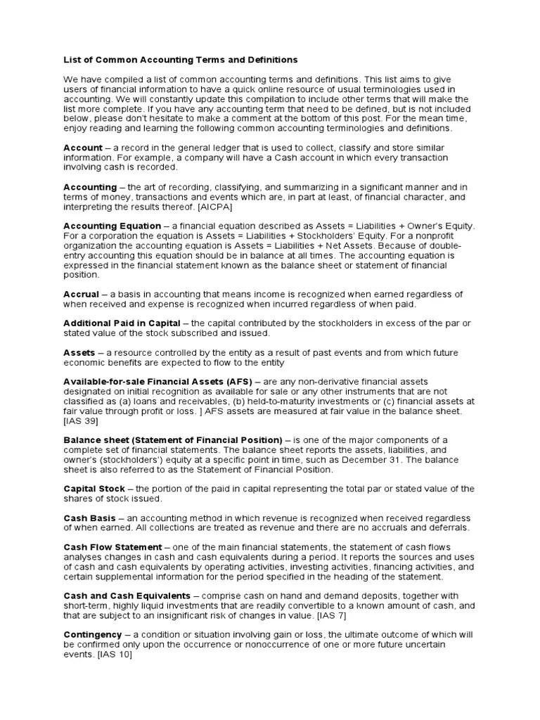 List of Common Accounting Terms and Definitions PDF Debits And Credits Balance Sheet