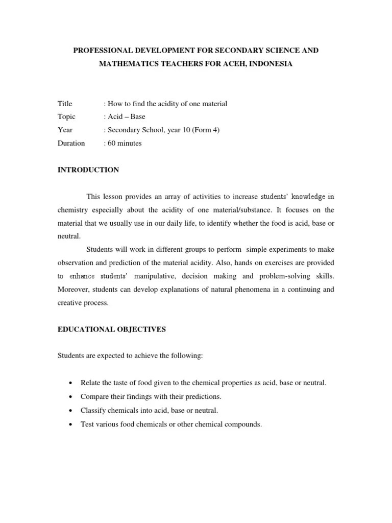 Lesson Plan in Chemistry Experiment Chemistry
