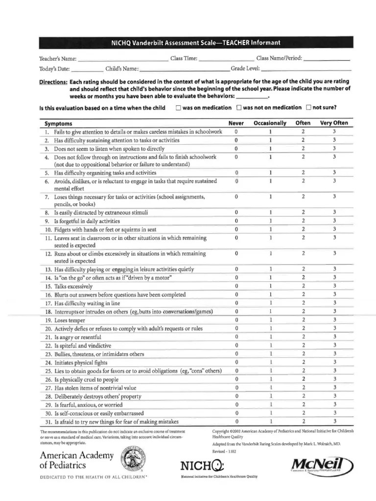 Vanderbilt Assessment For ADHD Teacher Rating Scale PDF