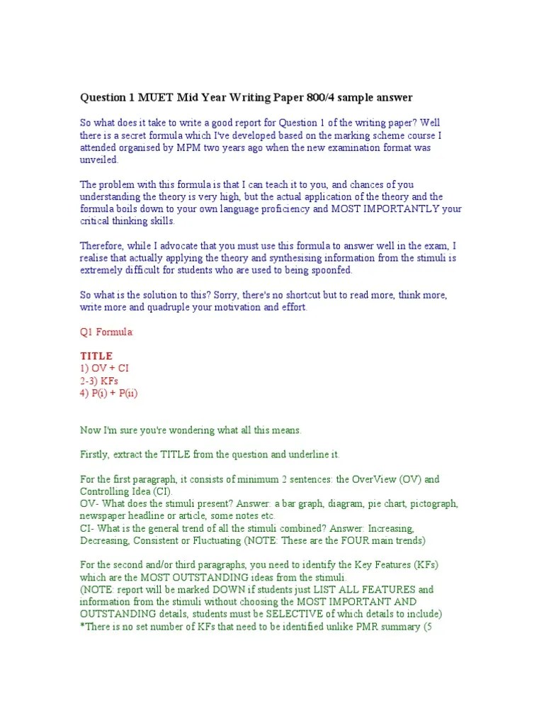 Question 1 MUET Mid Year Writing Paper 800 Paragraph Cognition