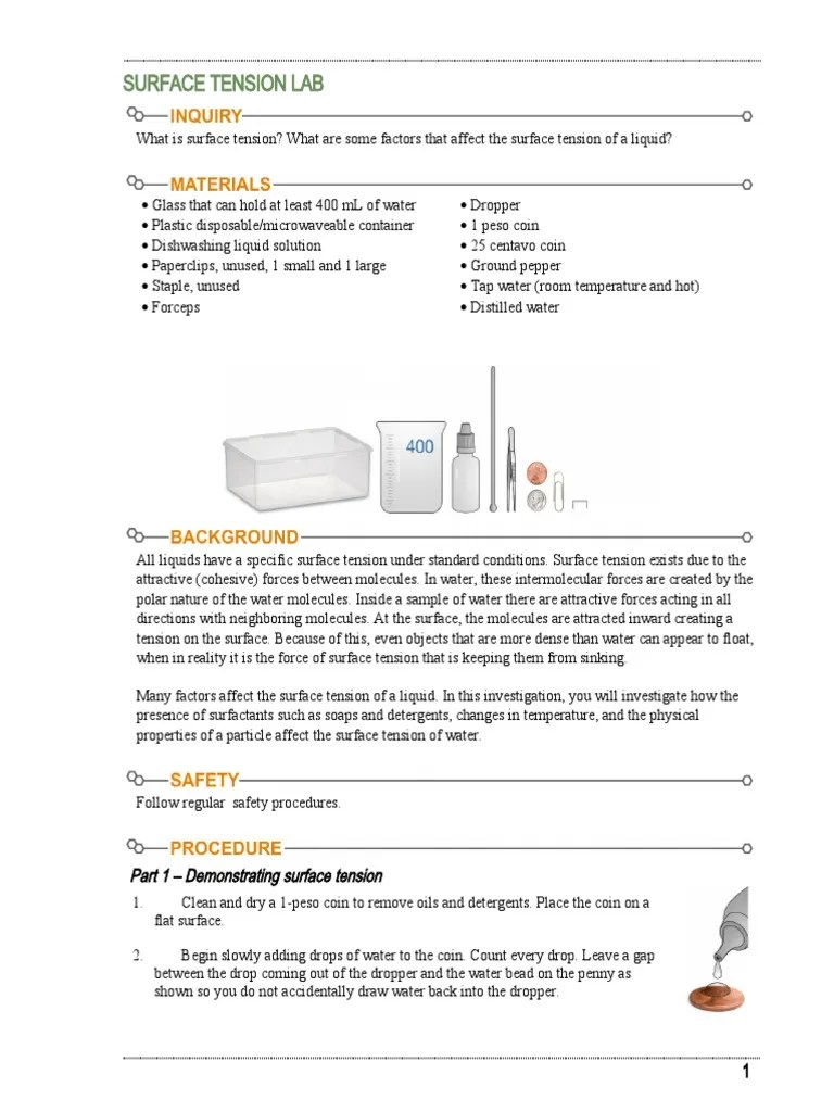 Surface Tension Lab Procedure PDF Surface Tension Liquids