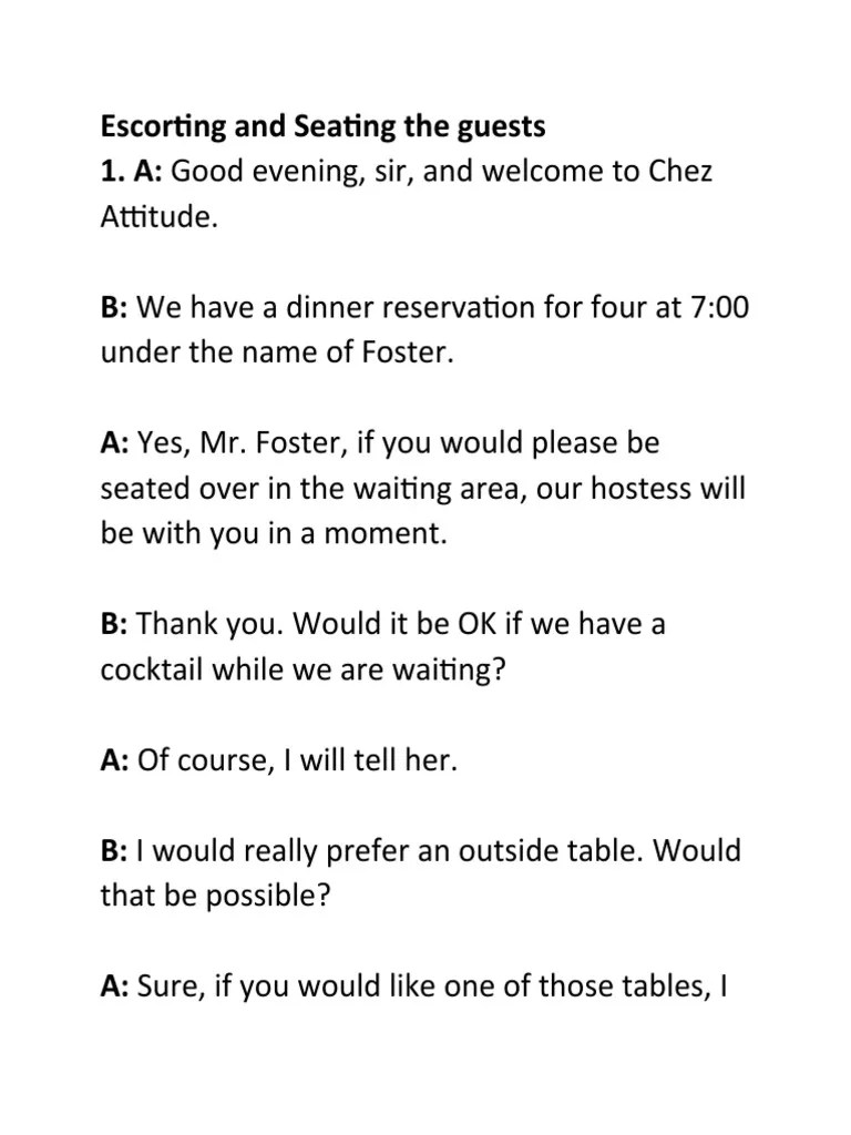 Escorting and Seating The Guests Dialogue PDF Menu Beverages