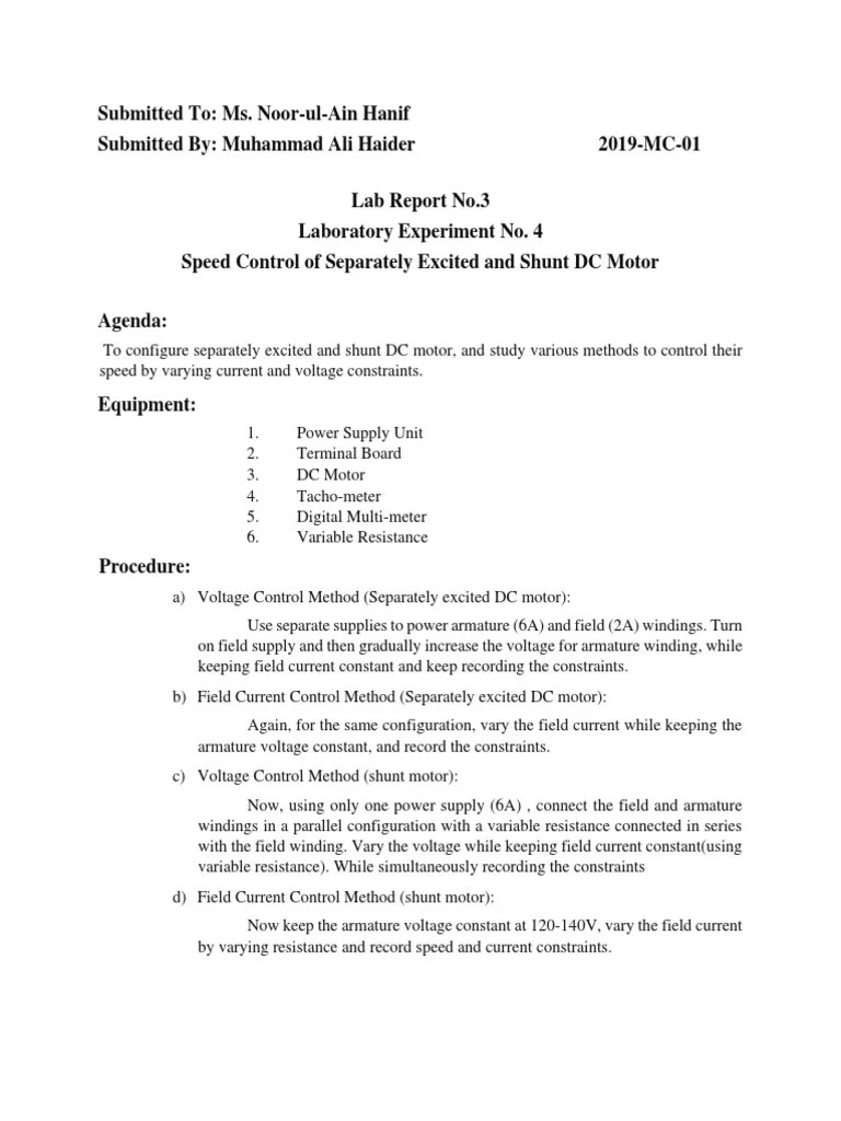 Speed Control of Shunt and Separately Excited DC Motors Report PDF