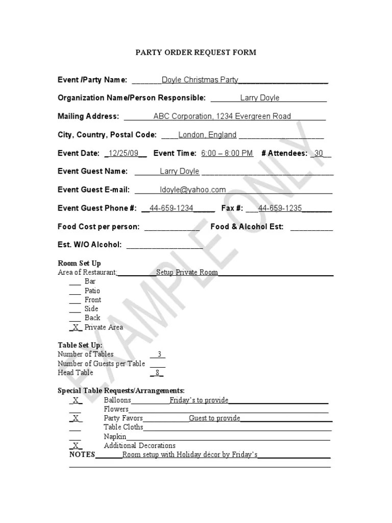 Party Order Request Form Example Menu Foods