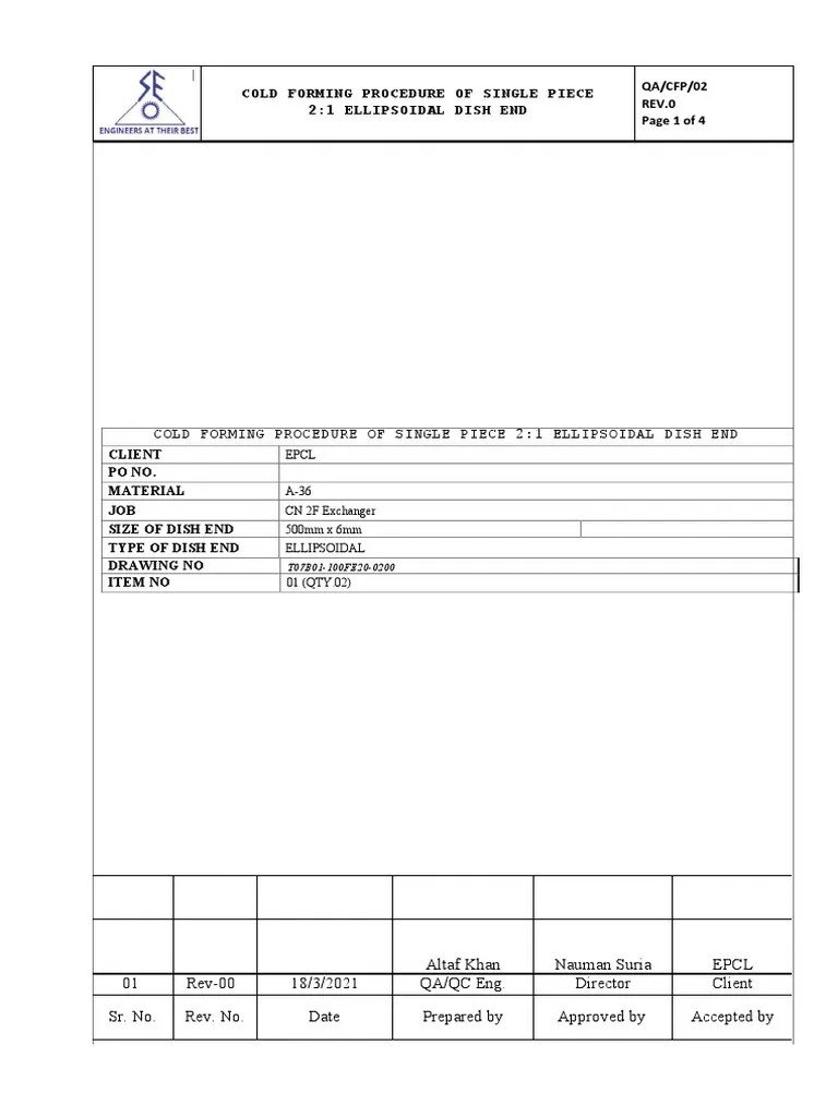 Cold Forming Procedure of Single Piece 21 Ellipsoidal Dish End PDF Industrial Processes