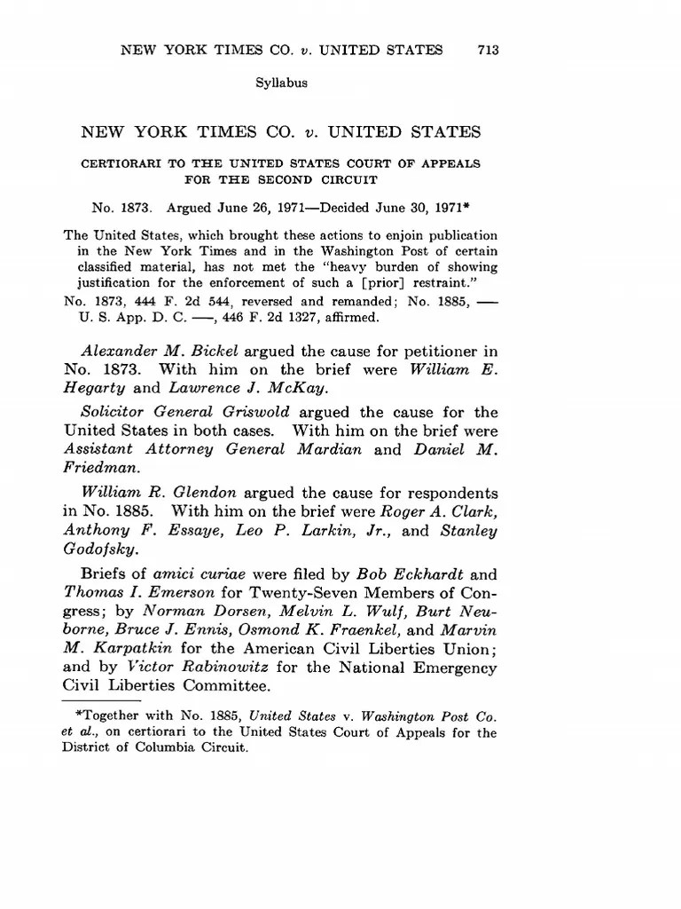 New York Times V US 403 US 713 PDF First Amendment To The United