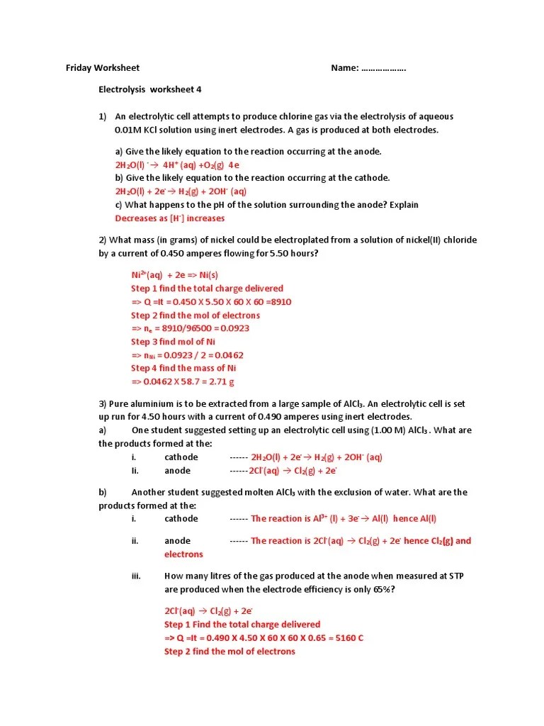 Electrolysis Worksheet PDF Anode Physical Chemistry