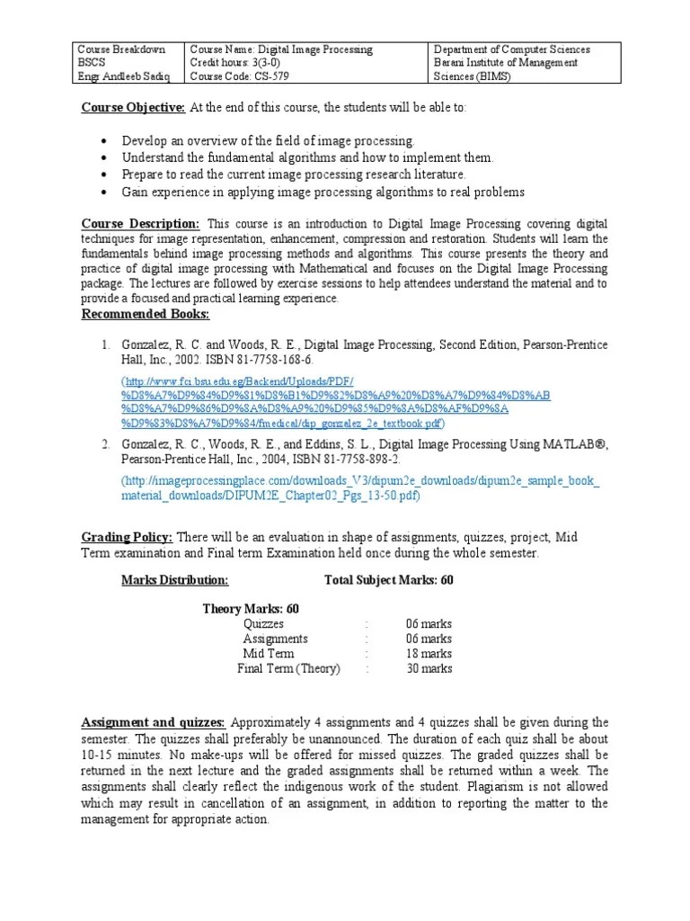 Course Objective at The End of This Course, The Students Will Be Able