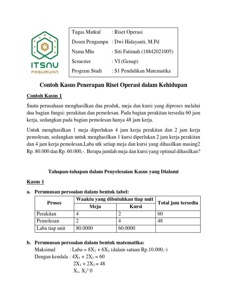 Contoh Penerapan Riset Operasi (Siti Fatimah) | PDF