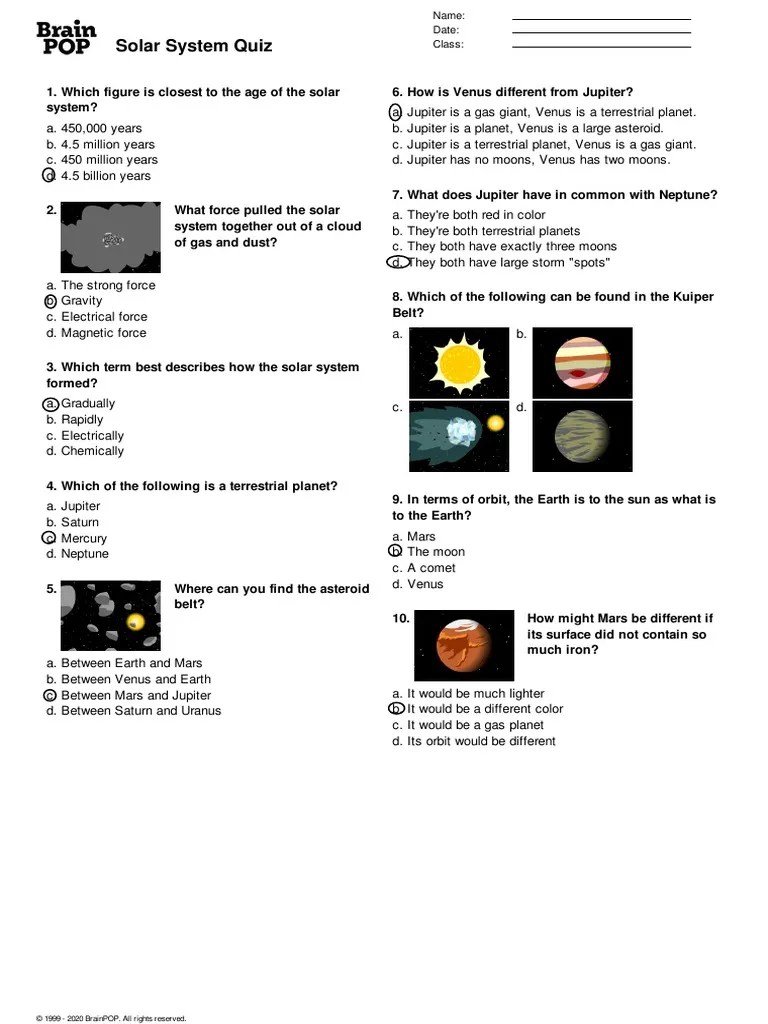 BrainPOP Solar System Quiz PDF Solar System
