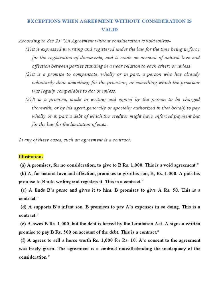 Exceptions When Agreement Without Consideration Is Valid PDF