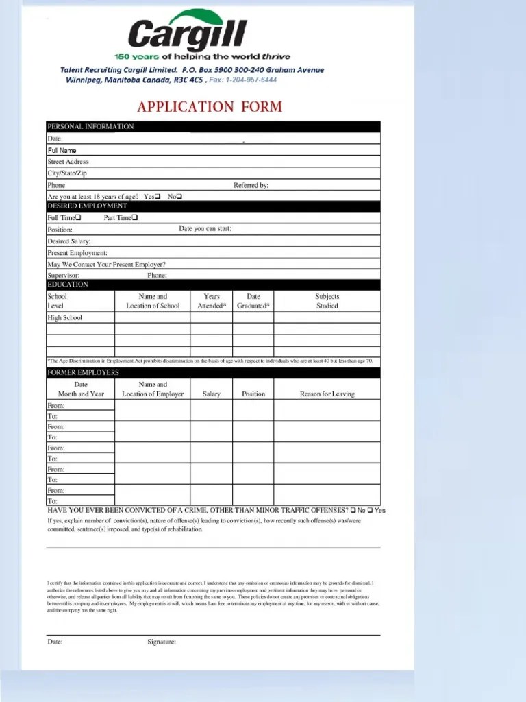 Cargill Job Application Form PDF