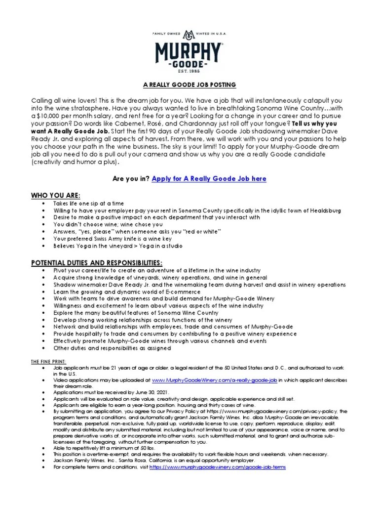 MG Job Description PDF Winemaking Winery