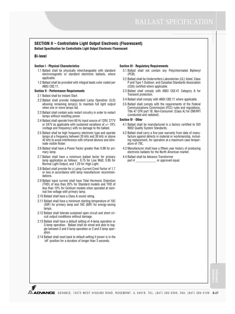 Advance Ballast Specifications BiLevel PDF Fluorescent Lamp