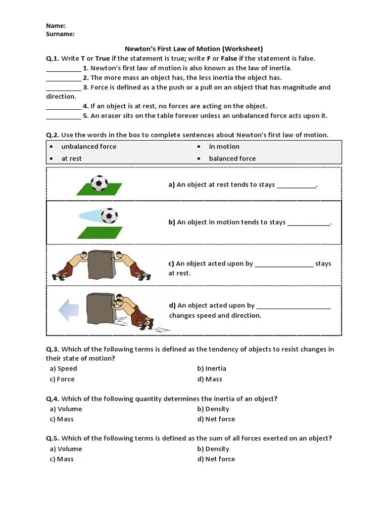 Worksheet - Newton's First Law of Motion | PDF | Newton's Laws Of