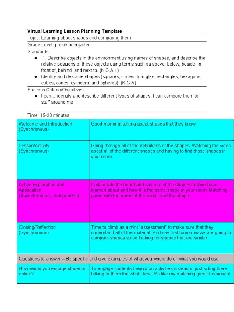 Virtual Learning Lesson Planning Template PDF Shape Classroom Management