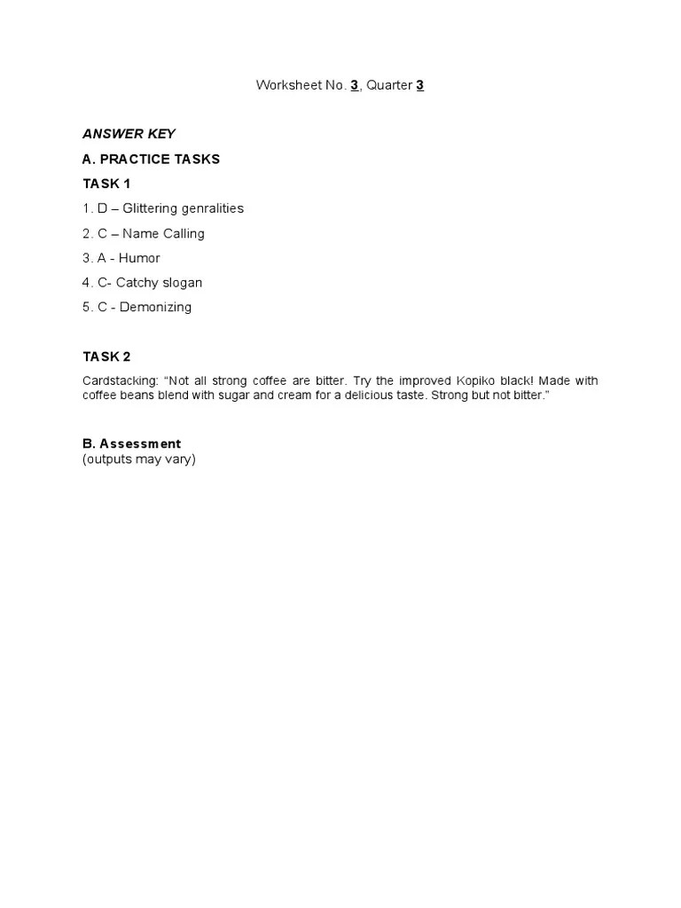 Worksheet No 3 Answer Key PDF