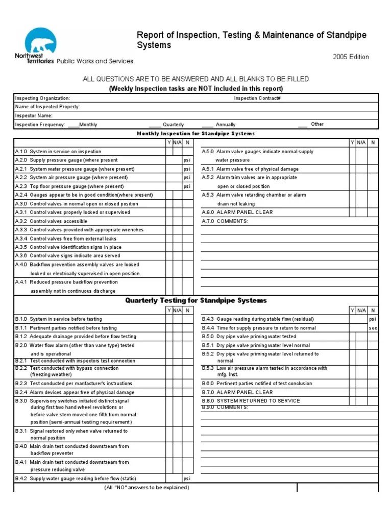 Report of Inspection, Testing & Maintenance of Standpipe Systems PDF