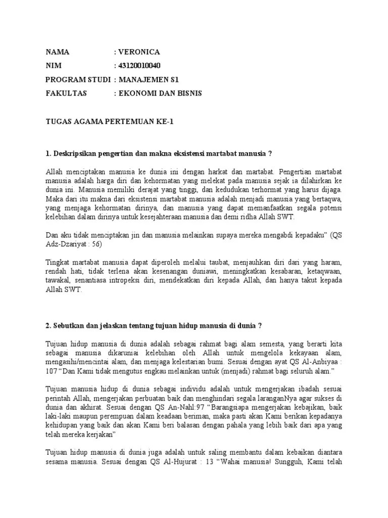 Veronica - 43120010040 - Tugas Perkuliahan Agama Pertemuan Ke-1 | PDF