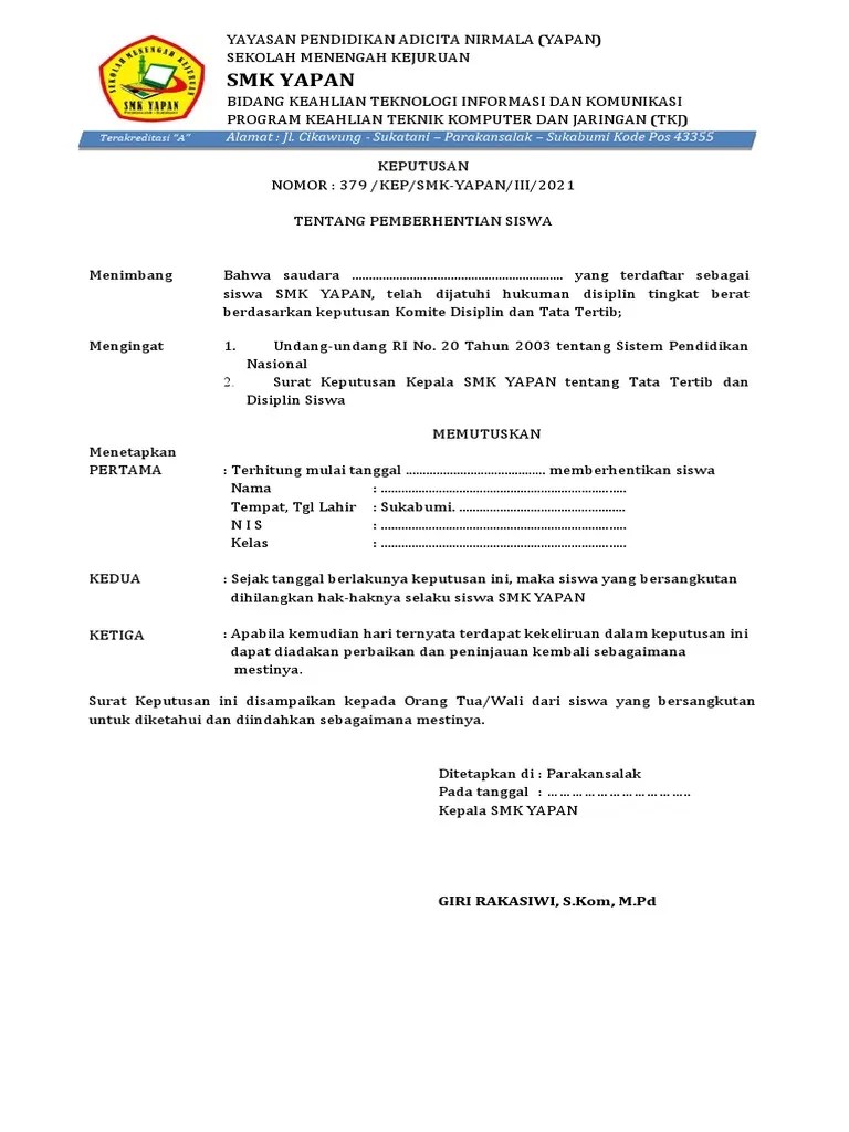 Surat Pemberhentian Siswa (DO)