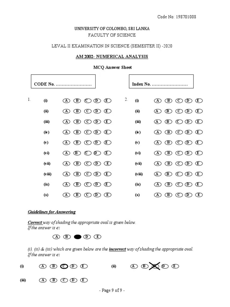 AM 2002Numerical Analysis MCQ Answer Sheet PDF