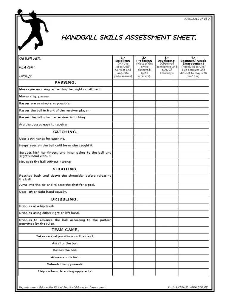 Handball Observation Sheet PDF Sports Rules And Regulations Games
