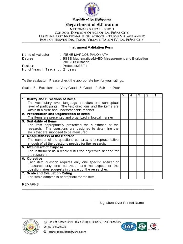 Instrument Validation Form PDF Survey Methodology Behavior