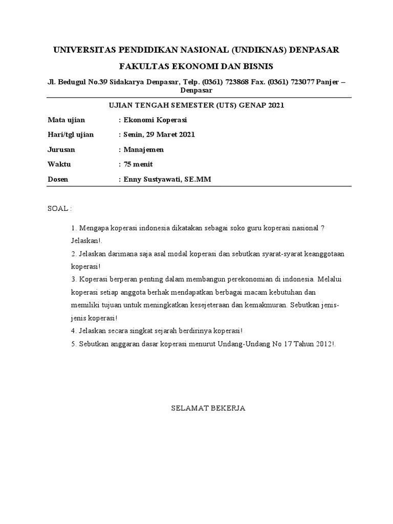Soal UTS Ekonomi Koperasi | PDF