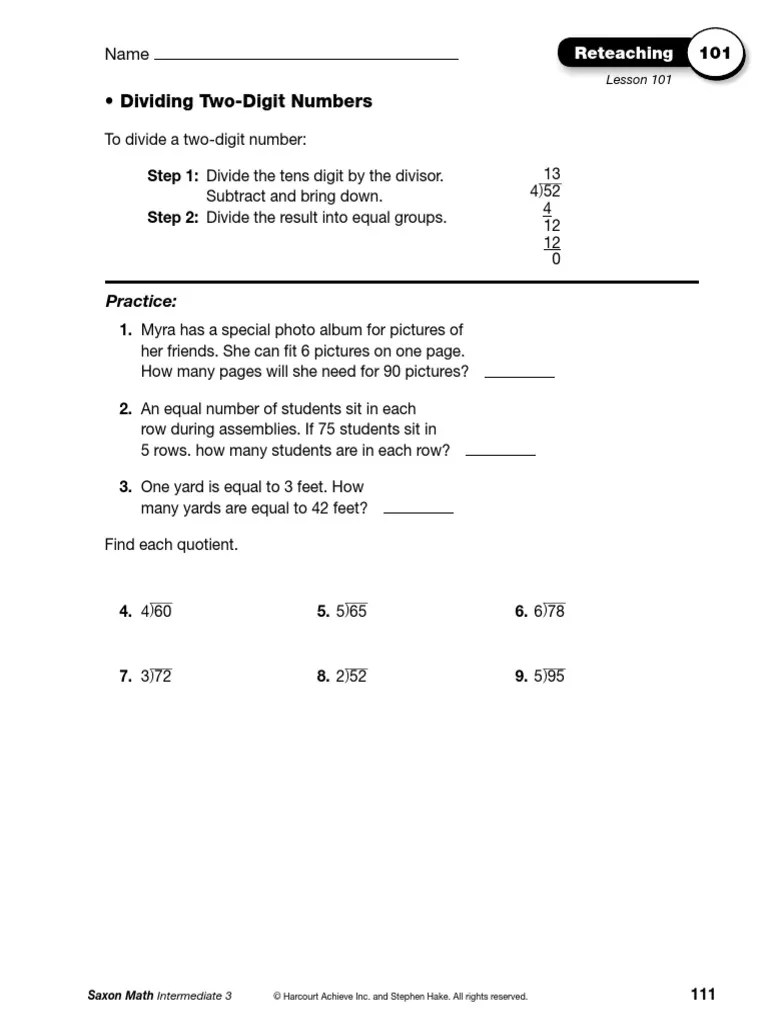 Saxon Math 3 Reteachings Lessons 101-110 | PDF | Area | Shape