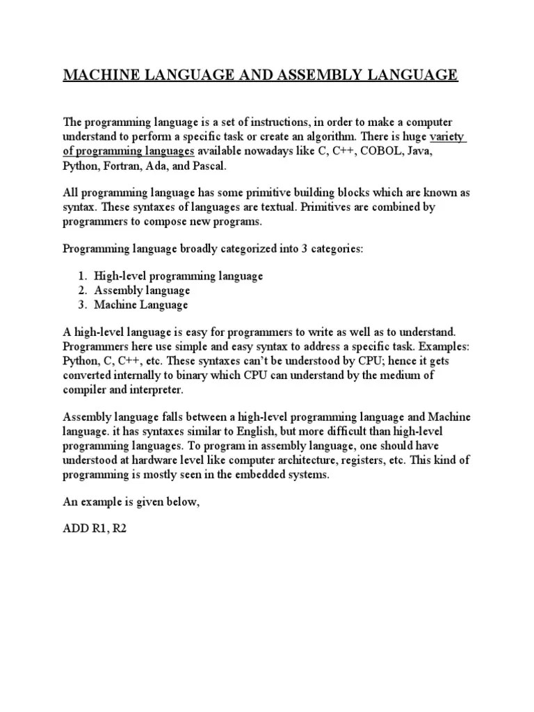 An Overview of Machine Language, Assembly Language, and Their Key Differences PDF Assembly