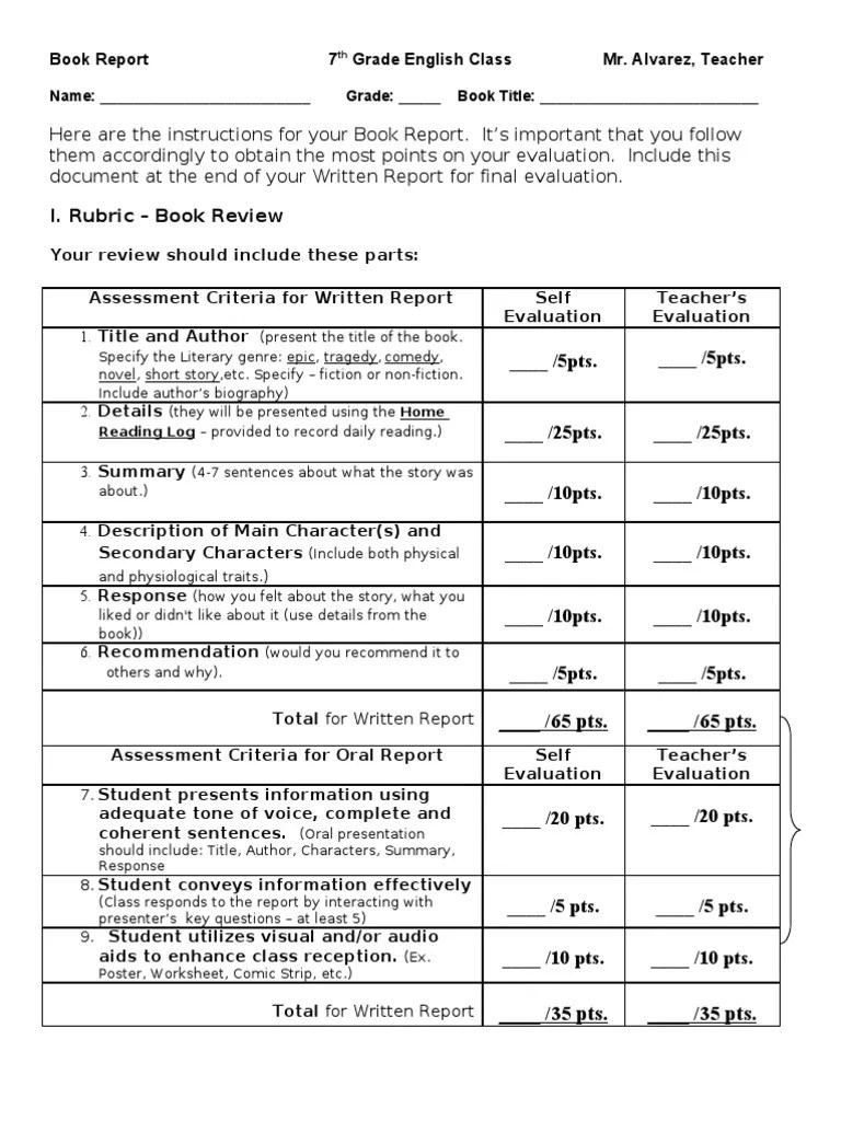 Book Report 7th Grade English Class Rubric (Academic) Books