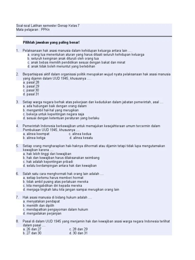 Soal Latihan Semester Genap Kelas 7 PPKN | PDF