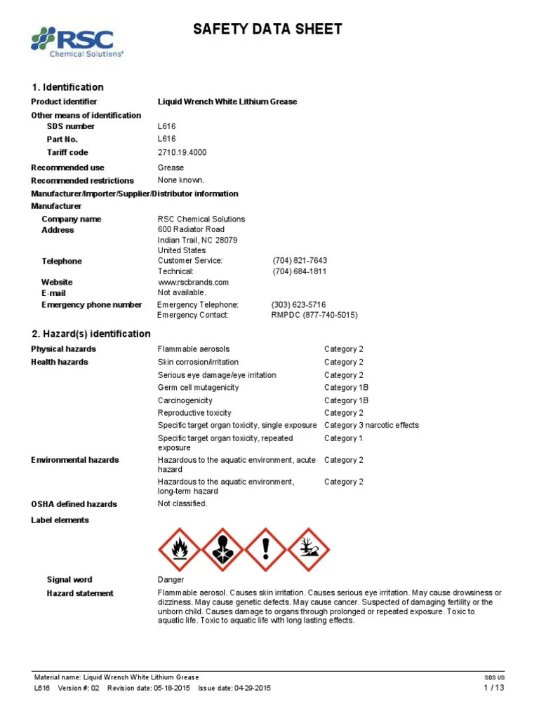 11Liquid Wrench White Lith Grease L616 SDS PDF Firefighting